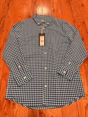 Vineyard Vines Performance Blue and Aqua Gingham Button-Down Shirt